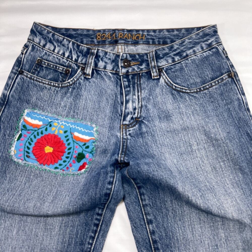 8241 Ranch Jeans Size 6 Blue Floral Crochet Patches Straight Leg Boho Festival - Picture 3 of 15